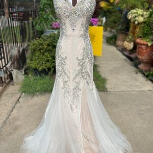 Mac Duggal Ivory and Silver Embellished Wedding or Prom Dress